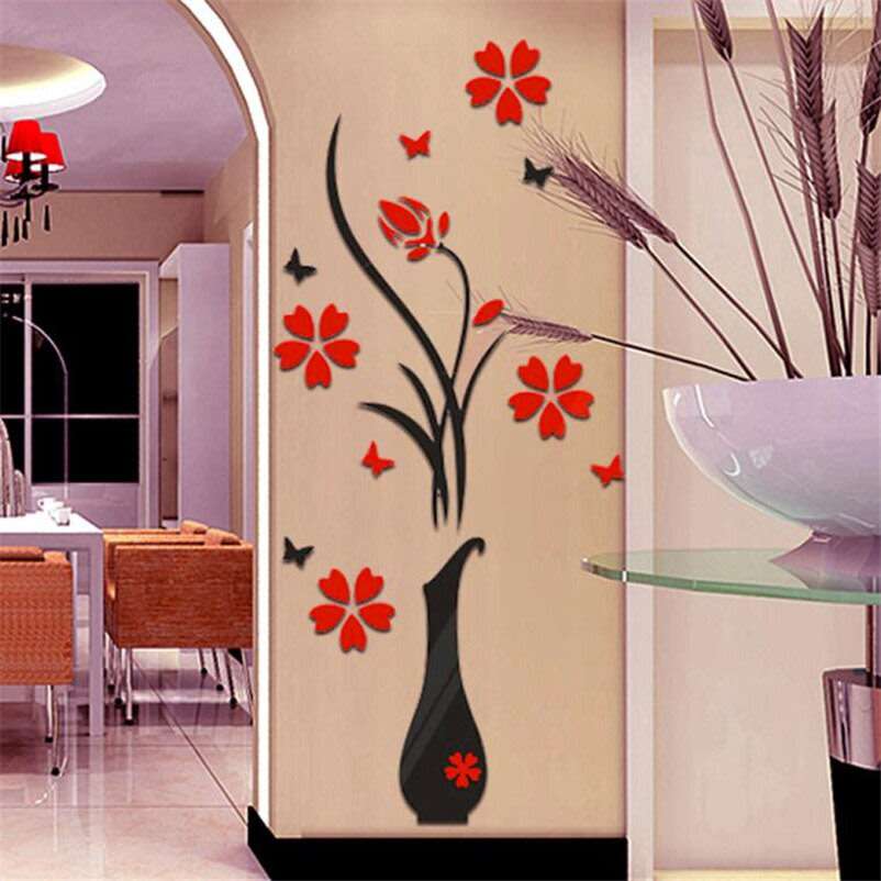 Home Decor DIY Vase Flower Tree Crystal Arcylic 3D Wall Sticker Decal (Red+Black)..!