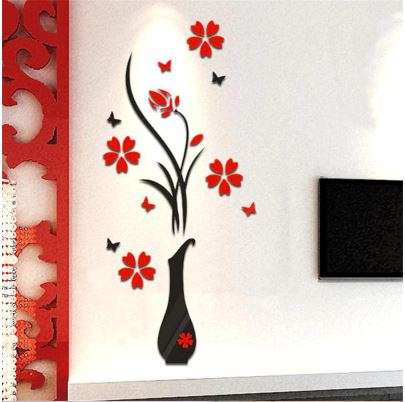 Home Decor DIY Vase Flower Tree Crystal Arcylic 3D Wall Sticker Decal (Red+Black)..!