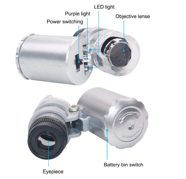 60X Jewelers Pocket Magnifying Loupe LED Light Optical Instrument Microscope (Silver)..!