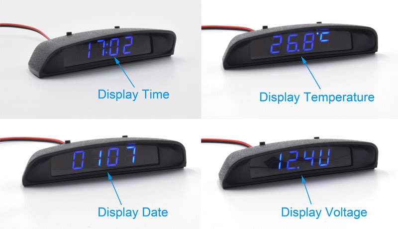 Interior 3 In 1 Car Clock Thermometer Voltage Monitor - Seven Kinds of Display Modes, Blue Display!!