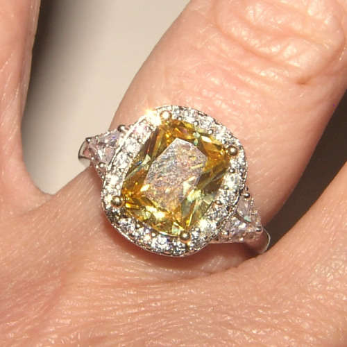 PURE PERFECTION! SOLID .925 STERLING SILVER RING WITH CITRINE AND SIMULATED DIAMONDS!