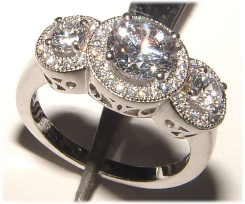 PURE PERFECTION! SOLID .925 STERLING THREE STONE RING WITH CREATED DIAMONDS!