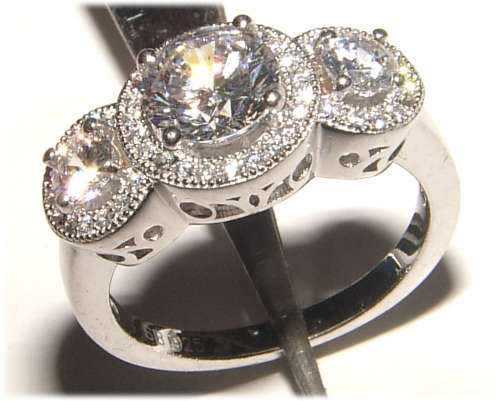 PURE PERFECTION! SOLID .925 STERLING THREE STONE RING WITH CREATED DIAMONDS!
