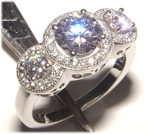 PURE PERFECTION! SOLID .925 STERLING THREE STONE RING WITH CREATED DIAMONDS!