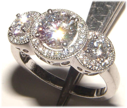 PURE PERFECTION! SOLID .925 STERLING THREE STONE RING WITH CREATED DIAMONDS!