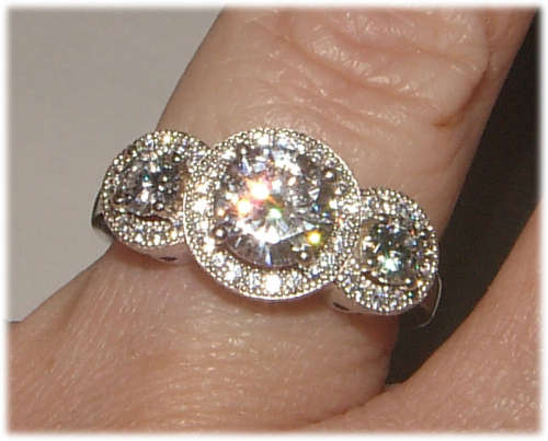 PURE PERFECTION! SOLID .925 STERLING THREE STONE RING WITH CREATED DIAMONDS!