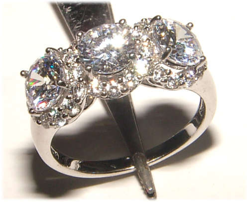 PURE PERFECTION! SOLID .925 STERLING THREE STONE RING WITH CREATED DIAMONDS!
