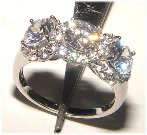 PURE PERFECTION! SOLID .925 STERLING THREE STONE RING WITH CREATED DIAMONDS!