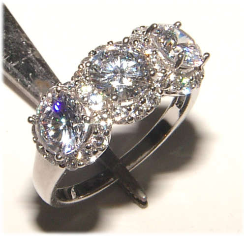 PURE PERFECTION! SOLID .925 STERLING THREE STONE RING WITH CREATED DIAMONDS!