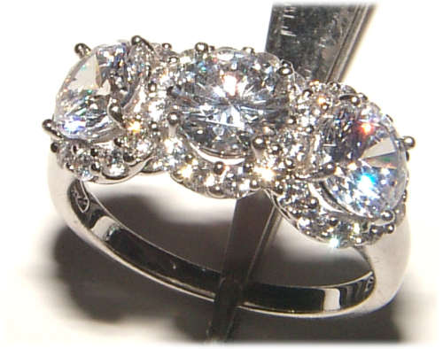 PURE PERFECTION! SOLID .925 STERLING THREE STONE RING WITH CREATED DIAMONDS!