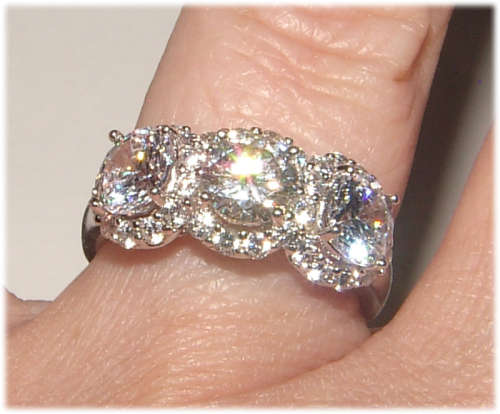PURE PERFECTION! SOLID .925 STERLING THREE STONE RING WITH CREATED DIAMONDS!