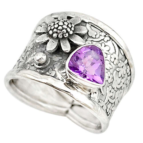 SPARKLING NATURAL AMETHYST FLOWER DESIGN RING IN SOLID STERLING SILVER!!!