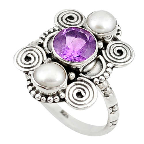 SPARKLING NATURAL AMETHYST AND PEARL IN SOLID STERLING SILVER RING!!!