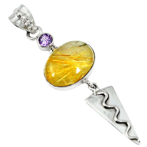 BEAUTIFUL NATURAL TOURMALINE RUTILE AND AMETHYST DESIGNER PENDANT IN SOLID STERLING SILVER!!!