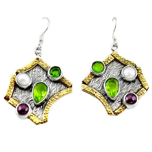 BEAUTIFUL NATURAL PEARL, PERIDOT AND GARNET DANGLING EARRINGS IN SOLID STERLING SILVER!!!