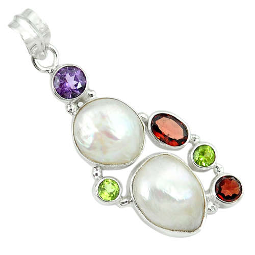 NATURAL BIWA PEARL, AMETHYST, PERIDOT AND GARNET DESIGNER PENDANT IN SOLID STERLING SILVER!!!
