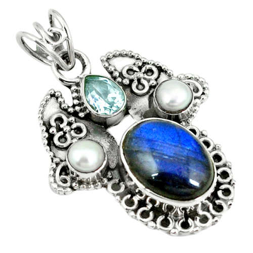NATURAL LABRADORITE SPECTROLITE (FINLAND), PEARL AND TOPAZ  PENDANT IN SOLID STERLING SILVER!!!