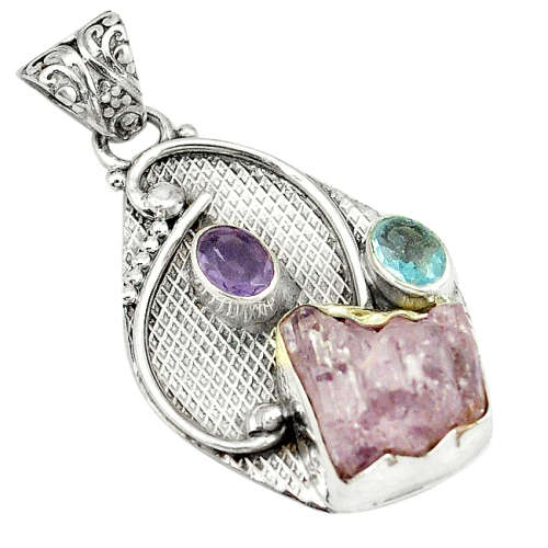 NATURAL KUNZITE ROUGH AND AMETHYST DESIGNER PENDANT IN SOLID STERLING SILVER!!!