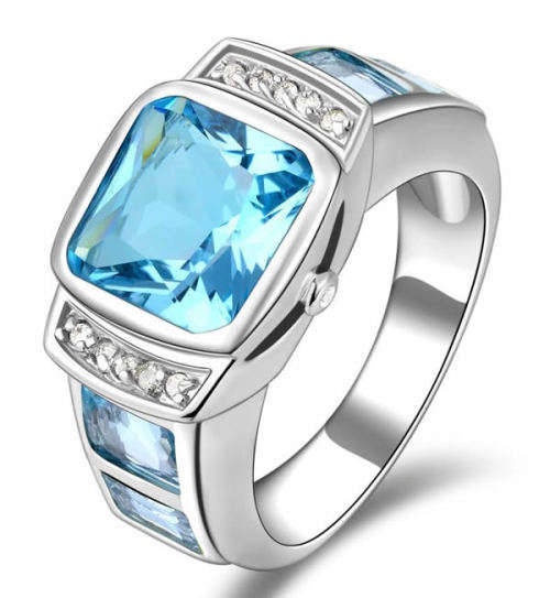 STUNNING AQUAMARINE 18K WHITE GOLD FILLED DRESS RING