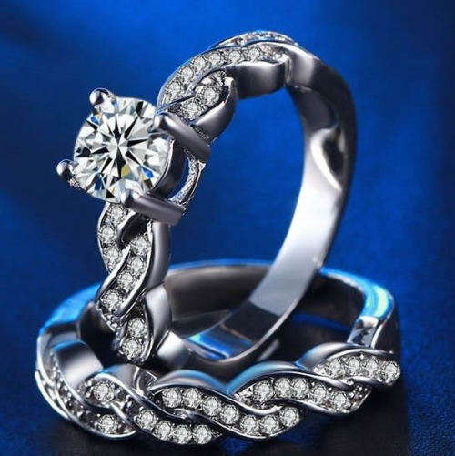 STUNNING SAPPHIRE 18K WHITE GOLD FILLED WEDDING RING SET