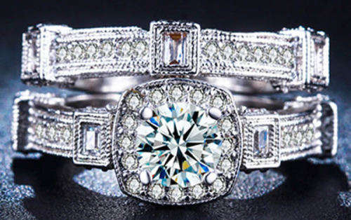 STUNNING SAPPHIRE AND CZ 18K WHITE GOLD FILLED WEDDING RING SET