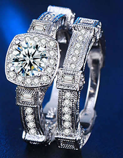 STUNNING SAPPHIRE AND CZ 18K WHITE GOLD FILLED WEDDING RING SET