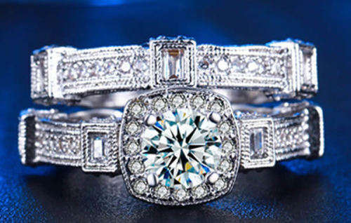 STUNNING SAPPHIRE AND CZ 18K WHITE GOLD FILLED WEDDING RING SET