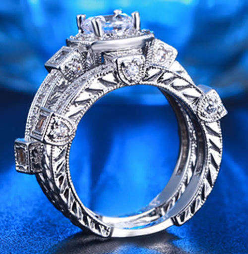 STUNNING SAPPHIRE AND CZ 18K WHITE GOLD FILLED WEDDING RING SET