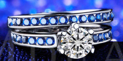 STUNNING SAPPHIRE AND CZ 18K WHITE GOLD FILLED WEDDING RING SET