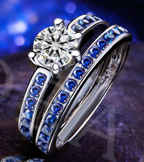 STUNNING SAPPHIRE AND CZ 18K WHITE GOLD FILLED WEDDING RING SET
