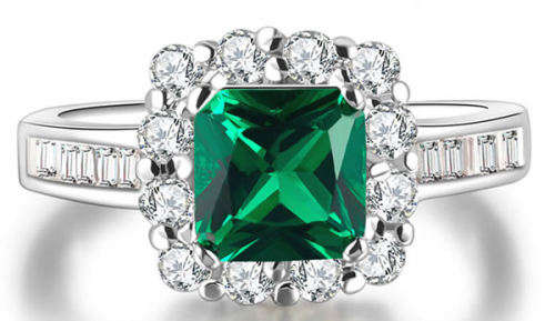 STUNNING EMERALD 18K WHITE GOLD FILLED DRESS RING