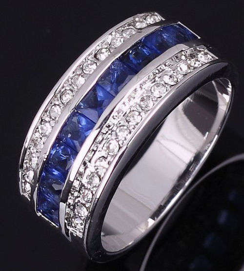 STUNNING SAPPHIRE 18K WHITE GOLD FILLED CHANNEL DRESS RING
