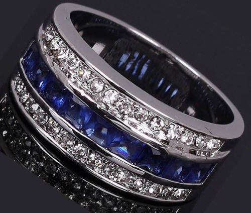 STUNNING SAPPHIRE 18K WHITE GOLD FILLED CHANNEL DRESS RING