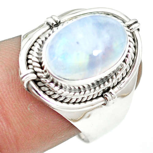 SPARKLING NATURAL RAINBOW MOONSTONE IN SOLID STERLING SILVER RING!!!