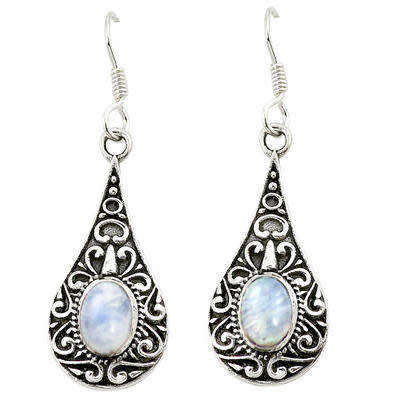 BEAUTIFUL NATURAL RAINBOW MOONSTONE DANGLING EARRINGS IN SOLID STERLING SILVER!!!
