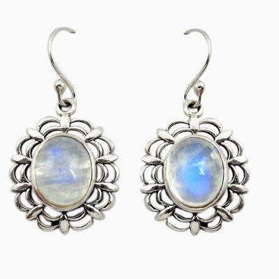 BEAUTIFUL NATURAL RAINBOW MOONSTONE DANGLING EARRINGS IN SOLID STERLING SILVER!!!