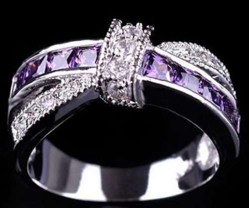 STUNNING CZ AND AMETHYST STERLING SILVER FILLED DRESS RING