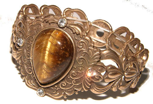 BEAUTIFUL NATURAL TIGER EYE AND RHINESTONE BRONZE STRETCHY BRACELET!