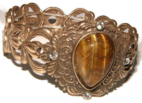 BEAUTIFUL NATURAL TIGER EYE AND RHINESTONE BRONZE STRETCHY BRACELET!