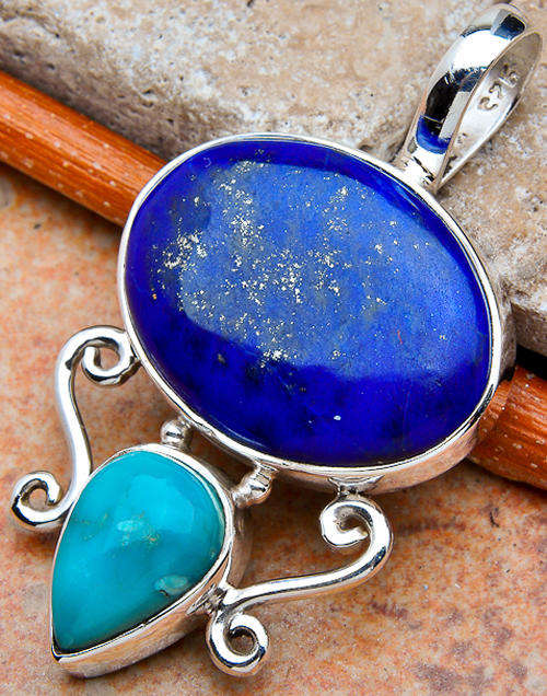 ***NATURAL LAPIS LAZULI AND LARIMAR !!!***NATURAL GEMS IN SOLID .925 STERLING SILVER PENDANT!!!