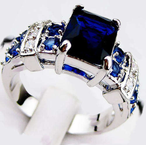 ***CRAZY AUCTION!!!***STUNNING SAPPHIRES AND SIMULATED DIAMOND WHITE GOLD RING!!!