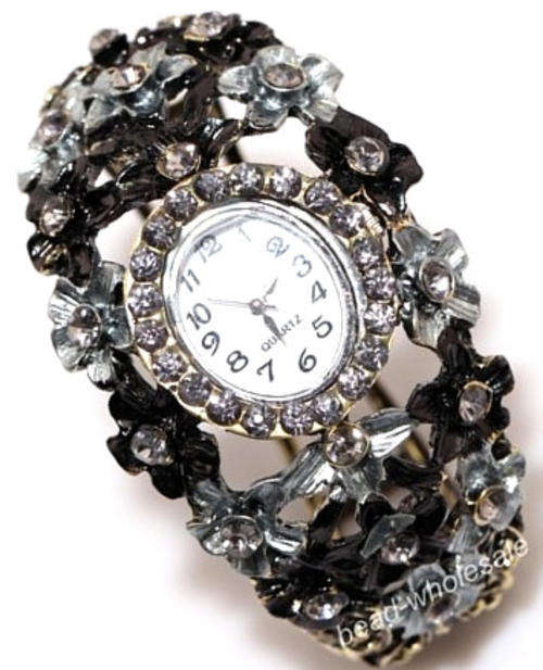 """GORGEOUS!""" Vintage Style Crystal Rhinestone Open Bangle Bracelet Wrist Watch!