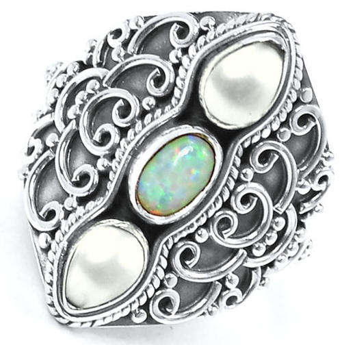 ***WOAW!!!*** GORGEOUS MABE PEARLS AND FIRE OPAL IN SOLID STERLING SILVER RING!!!