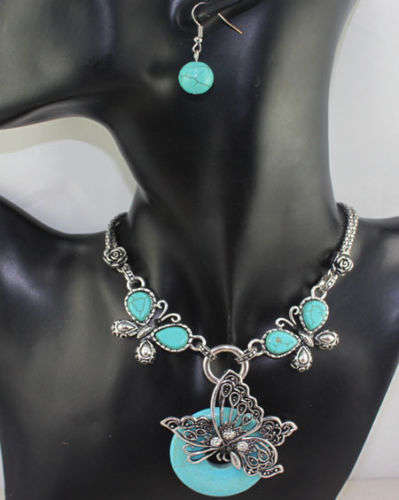***FAIRYTALE COLLECTION***  CLASSIC NATURAL TURQUOISE IN TIBETAN SILVER NECKLACE AND EARRINGS SET!