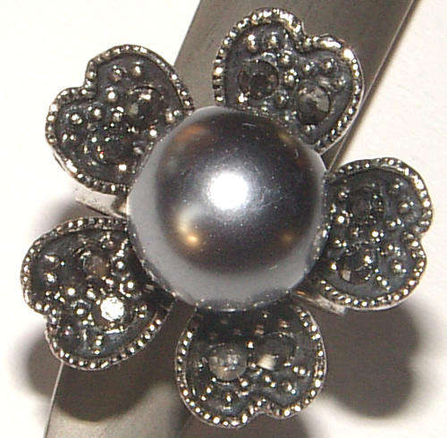 SWEET DESIGN!!! -- FAUX PEARL AND MARCASITE ADJUSTABLE DRESS RING!
