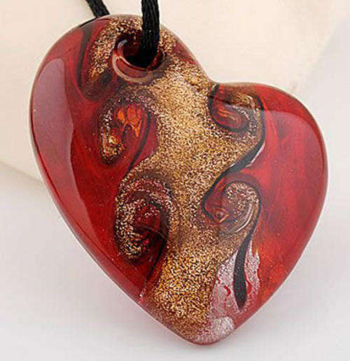 MURANO LAMPWORK FOIL GLASS HEART PENDANT WITH BLACK CORD NECKLACE!
