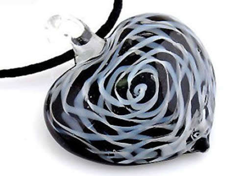 MURANO LAMPWORK FOIL GLASS HEART PENDANT WITH BLACK CORD NECKLACE!