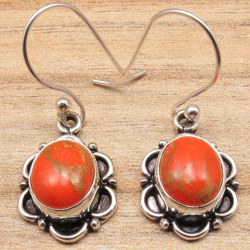 IMPORTED FROM INDIA!! - GORGEOUS NATURAL ORANGE COPPER TURQUOISE IN STERLING SILVER EARRINGS!!