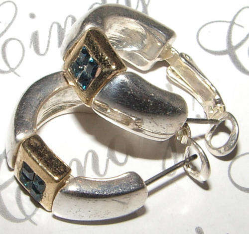 FANCY TWO TONE HOOP EARRINGS WITH AUSTRIAN CRYSTALS - FINE QUALITY!