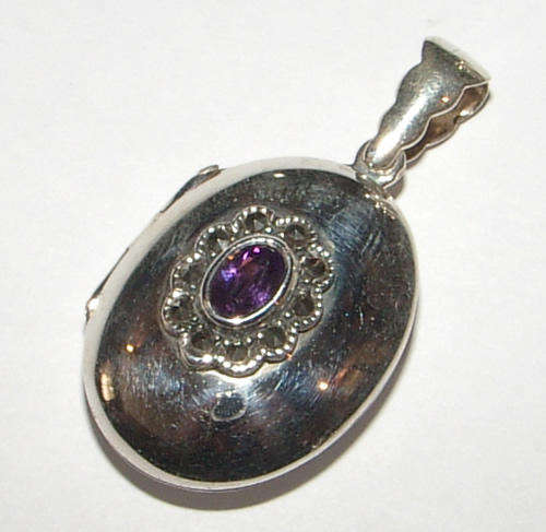 Sterling Silver Locket with Genuine Amethyst and Marcasite Stones.